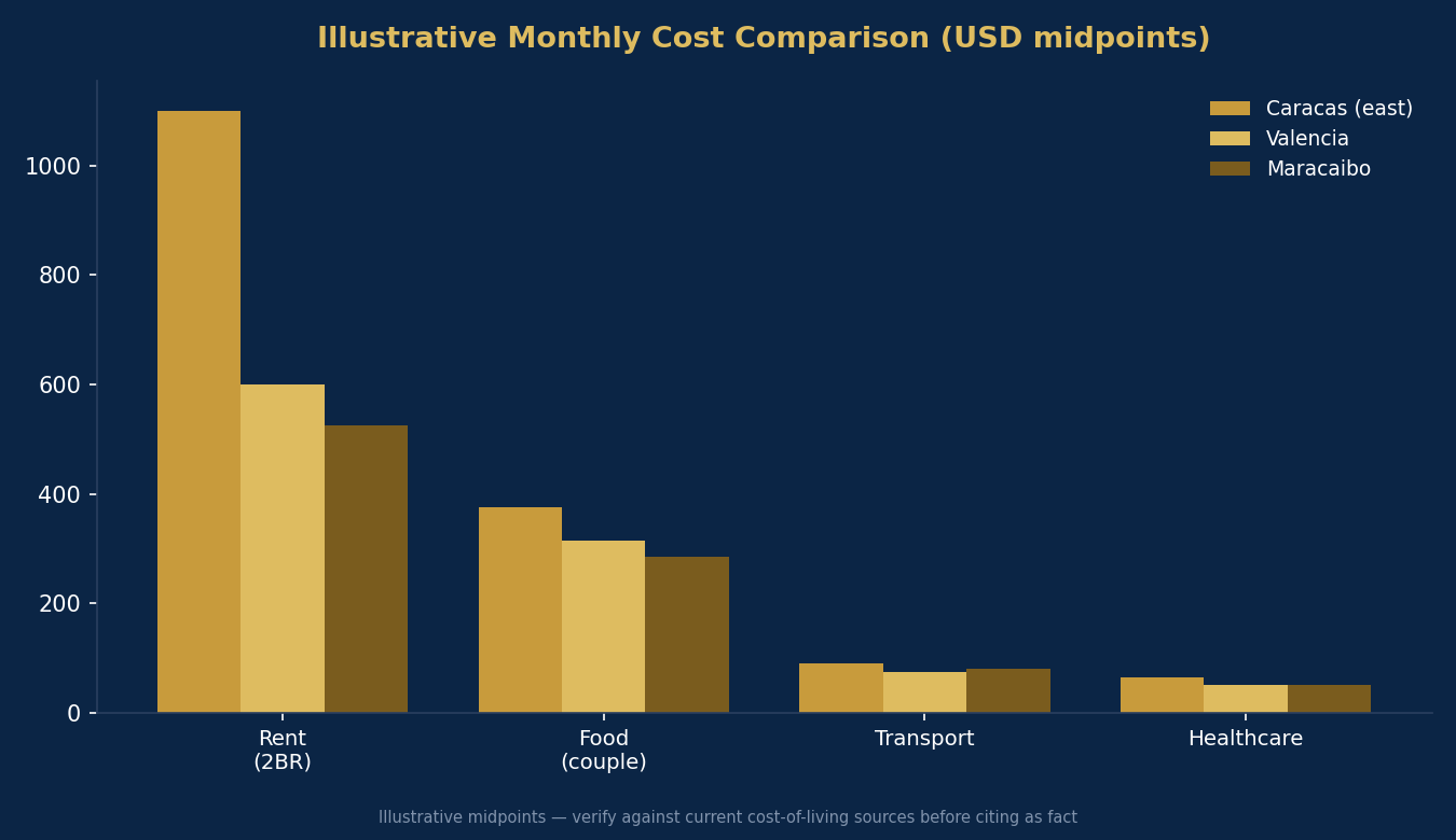 Illustrative monthly cost comparison across three cities