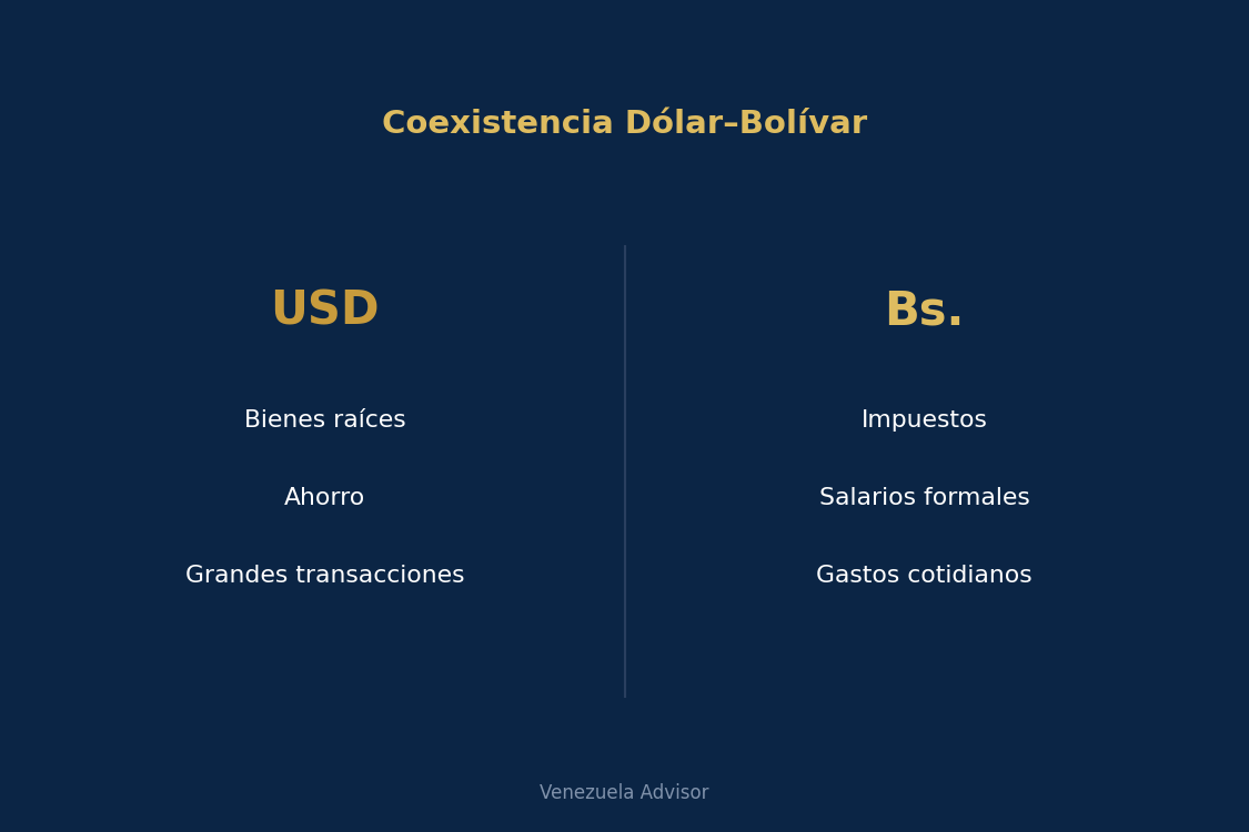 Distinct roles of the dollar and bolívar in Venezuela's current economy.