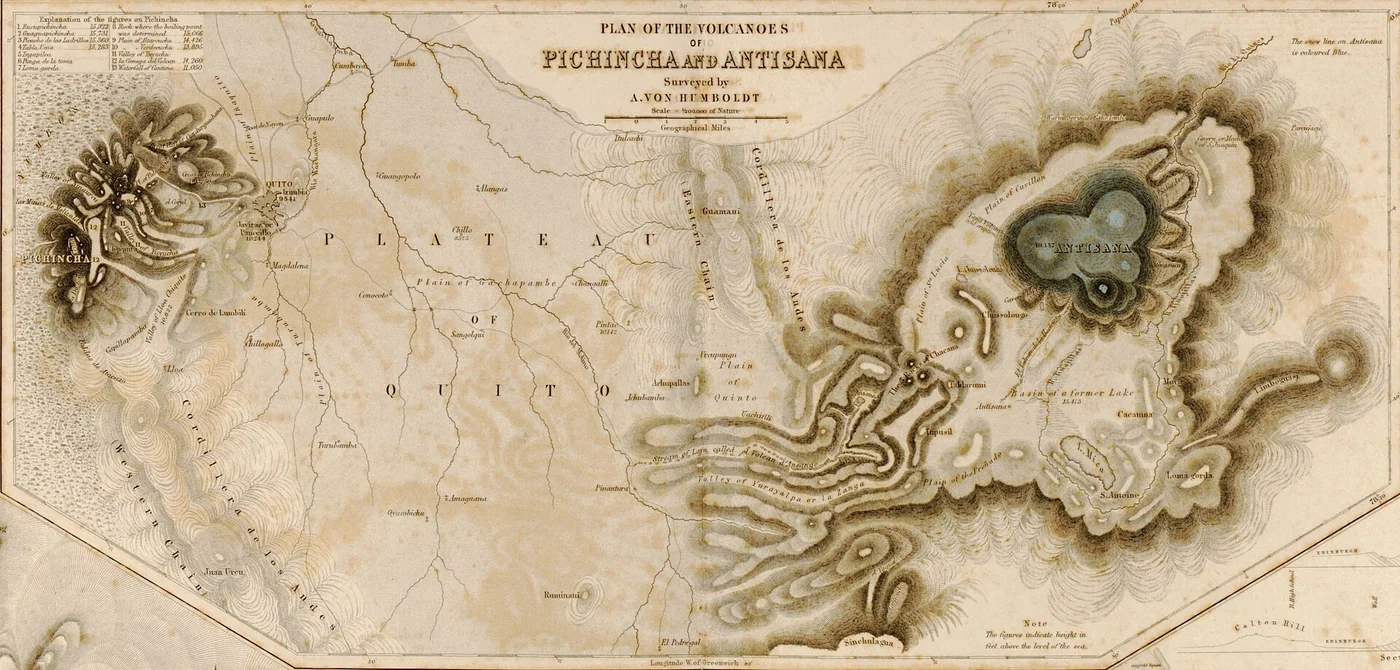 Historical physical map of Pichincha and Antisana in Ecuador