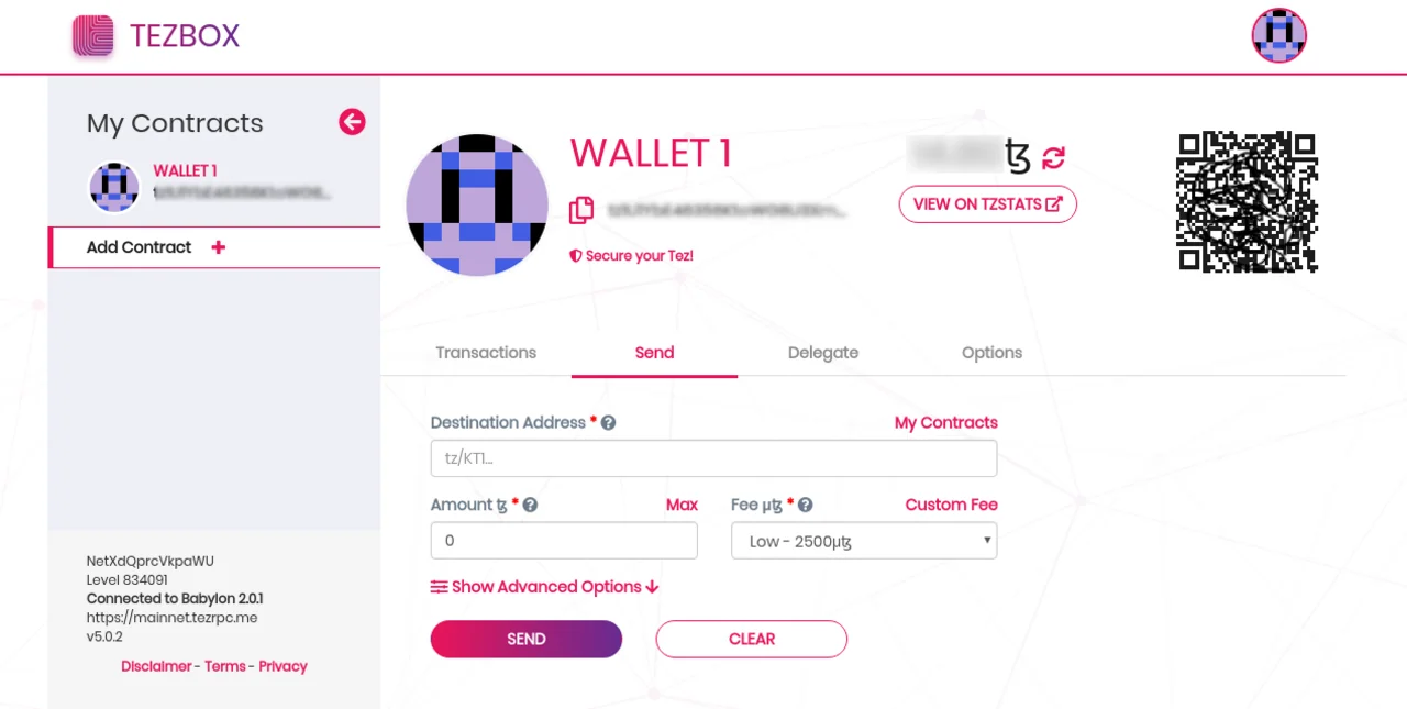 Tezbox wallet send interface, a general visual of a direct crypto transfer rather than a Venezuelan exchange.