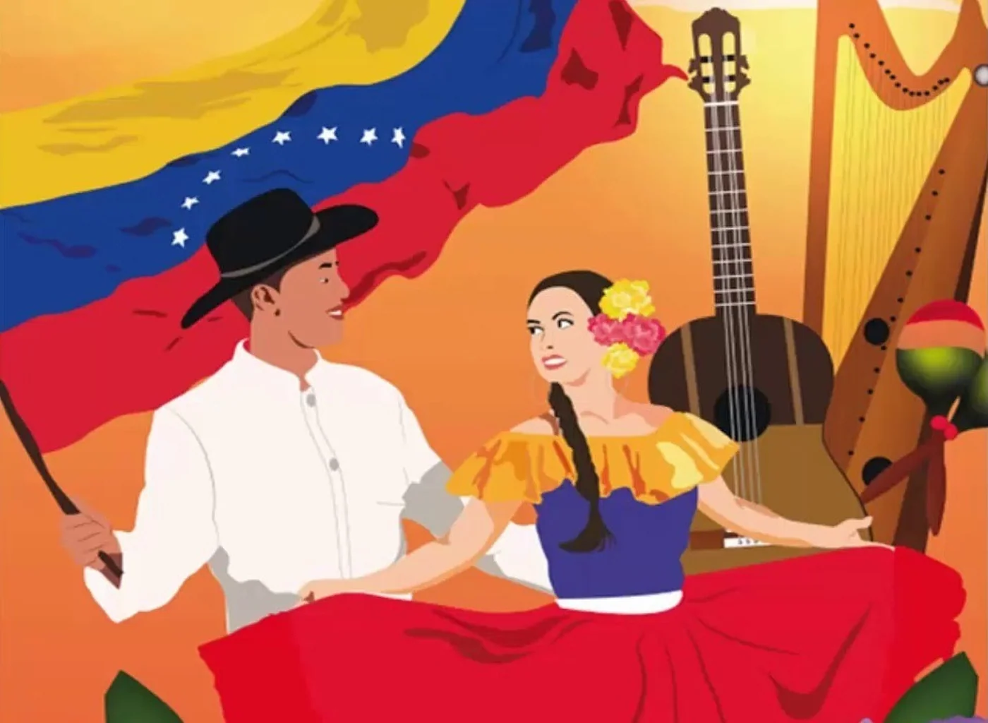 Drawing of Venezuelan llanero joropo instruments: harp, cuatro and maracas.