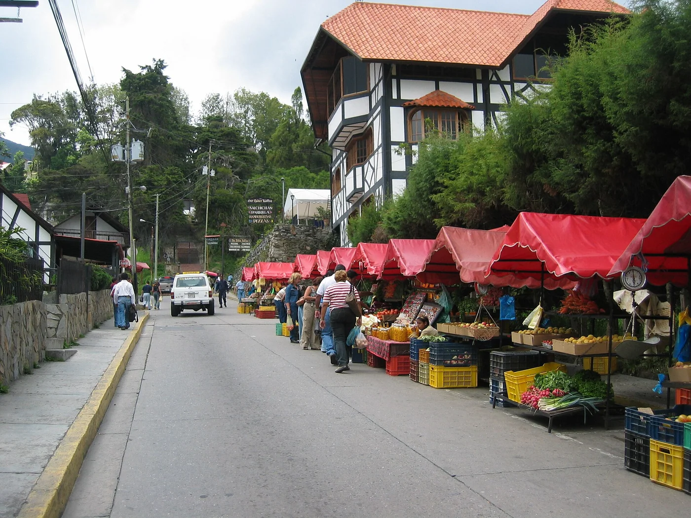 Street vendors on a commercial street in Colonia Tovar, Venezuela.