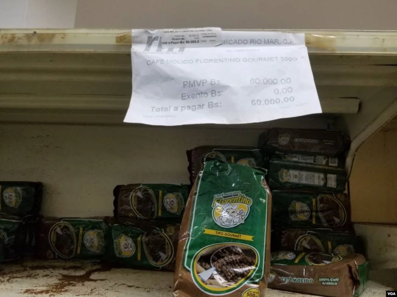 A coffee packet and price notice in a Venezuelan supermarket, photographed in 2018.
