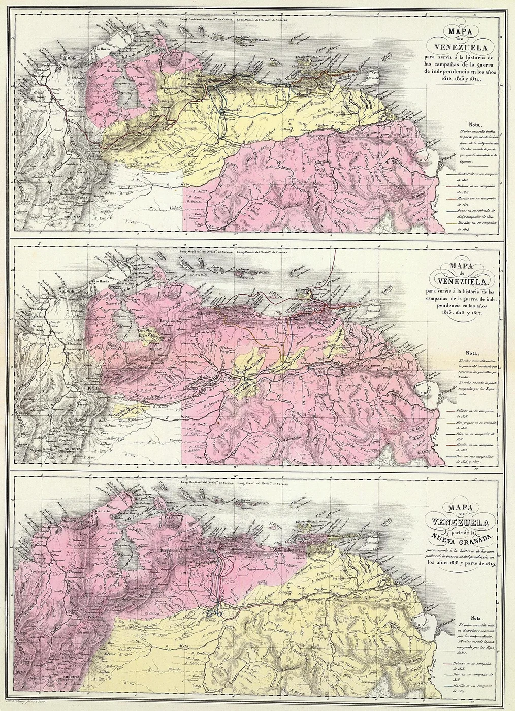 Agustín Codazzi historical map of Venezuelan independence campaigns