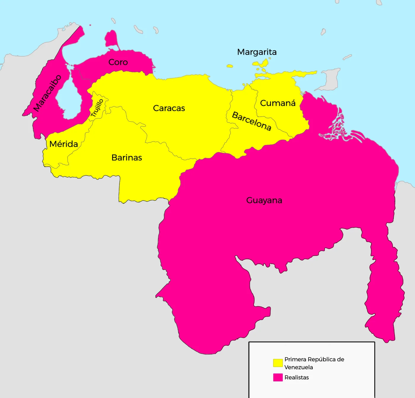 Approximate map of the First Republic of Venezuela around 1811