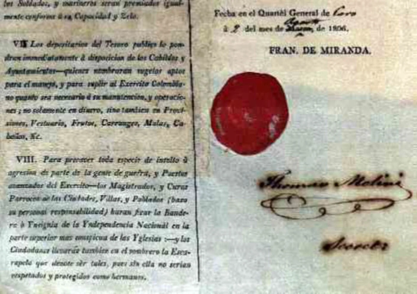 Scanned proclamation attributed to Francisco de Miranda