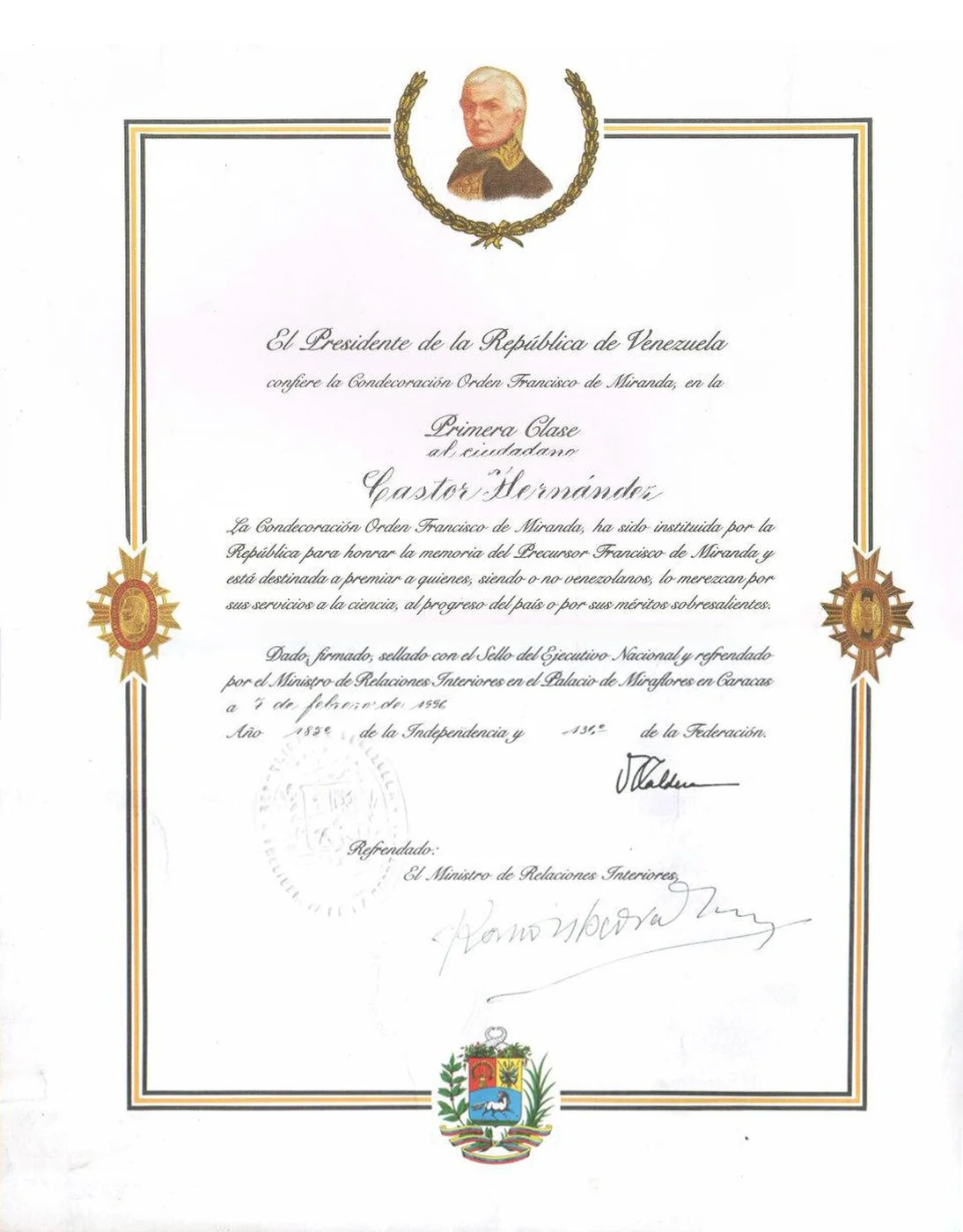 Venezuelan Order of Francisco de Miranda decoration