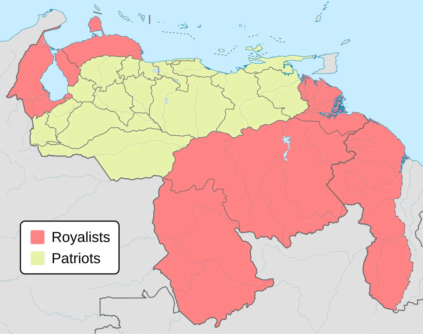Historical map distinguishing royalist and patriot zones in Venezuela