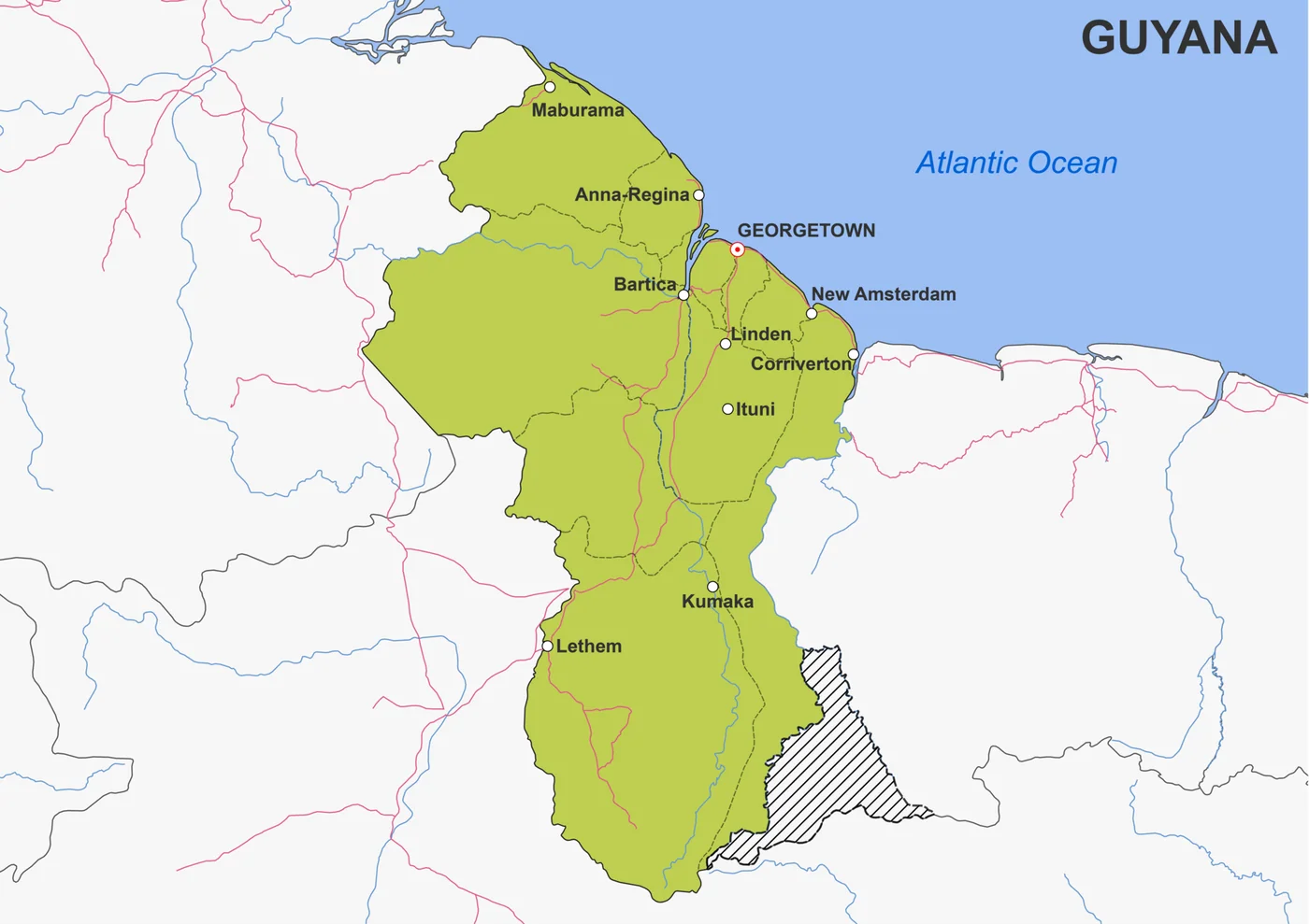 Neutral-style map depicting the Venezuela–Guyana disputed area and adjacent borders; it does not predict the ICJ judgment.