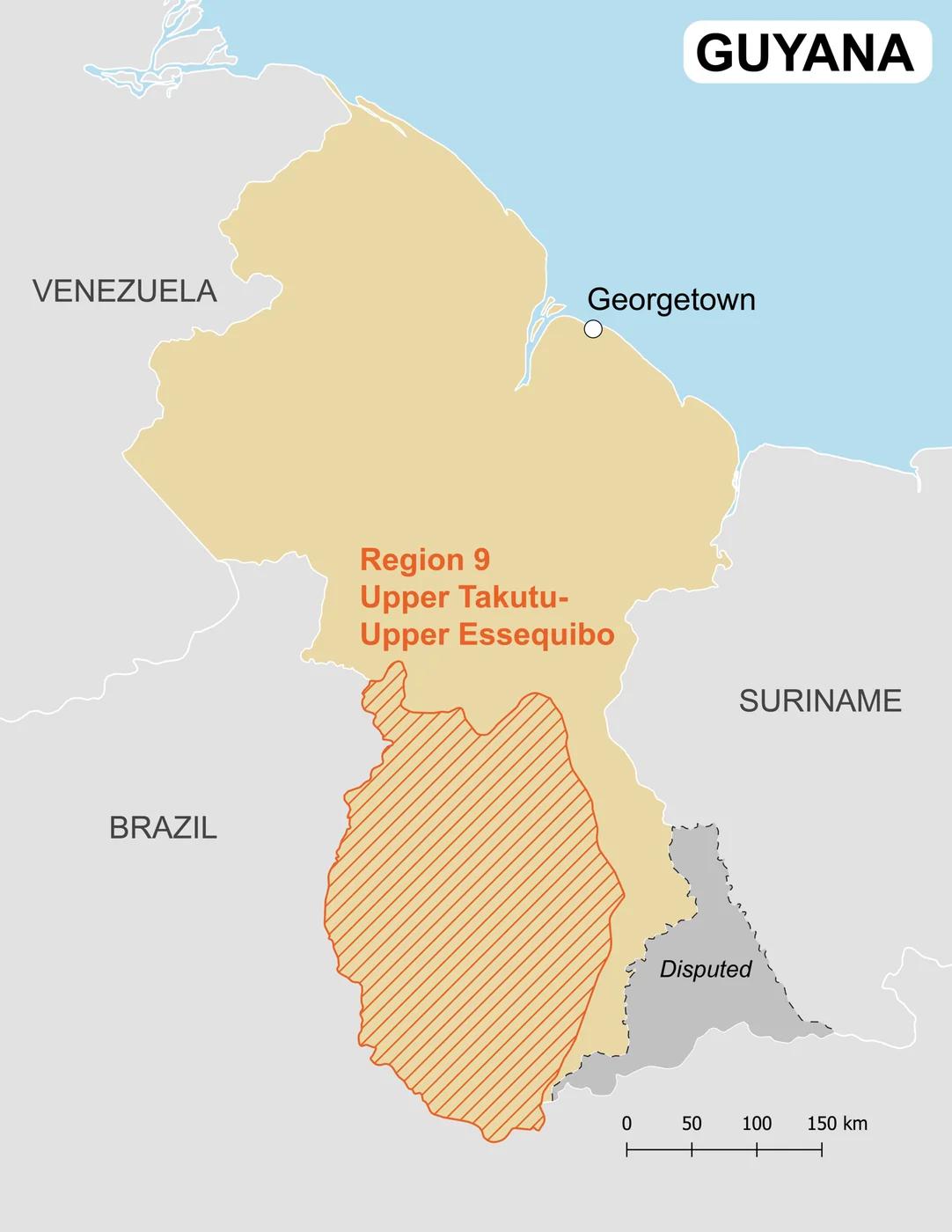 Guyana Region 9 map showing Upper Takutu–Upper Essequibo; the regional label is Guyanese administrative usage.
