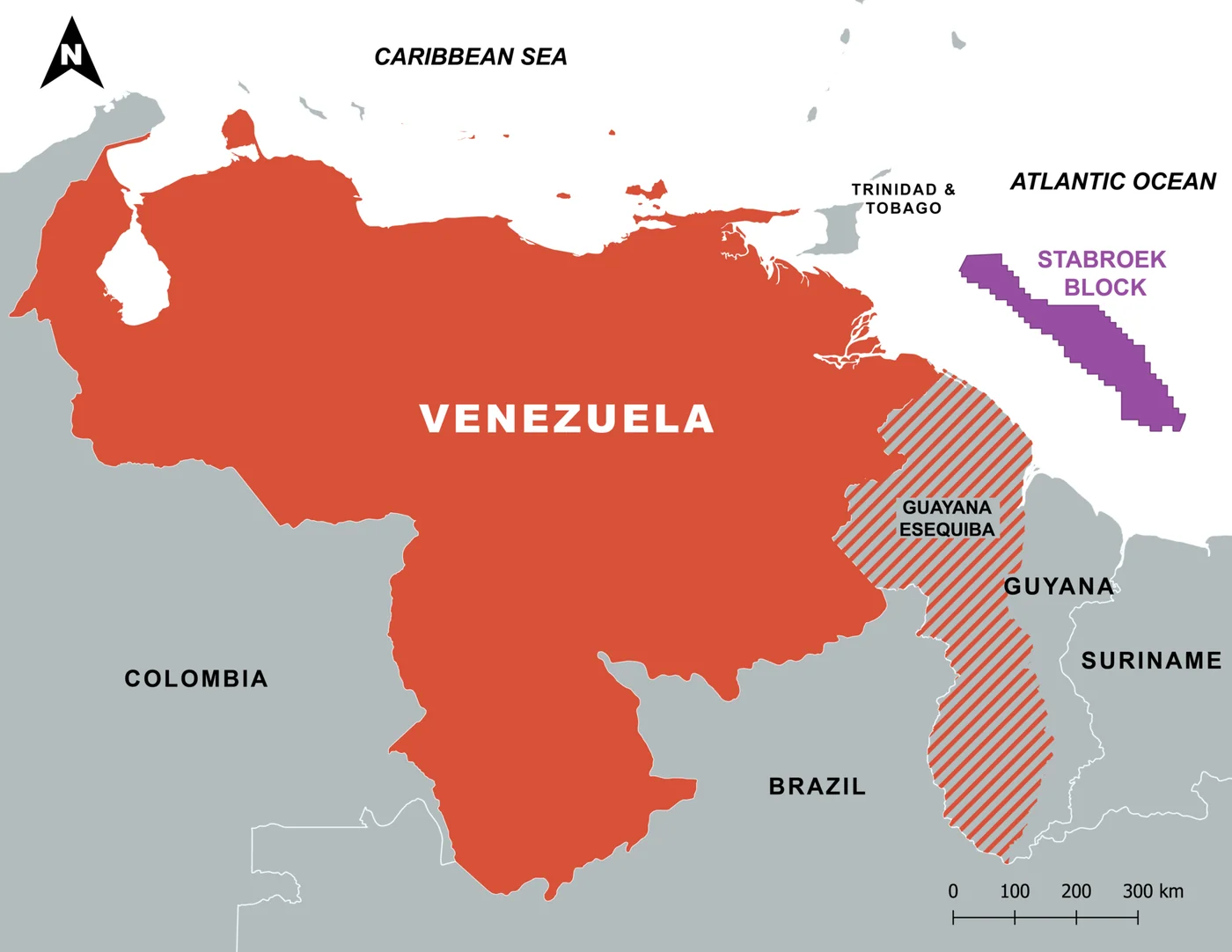 Map of the Guayana Esequiba claim area as presented in Venezuelan–Guyanese dispute cartography; colors reflect the mapmaker’s framing.