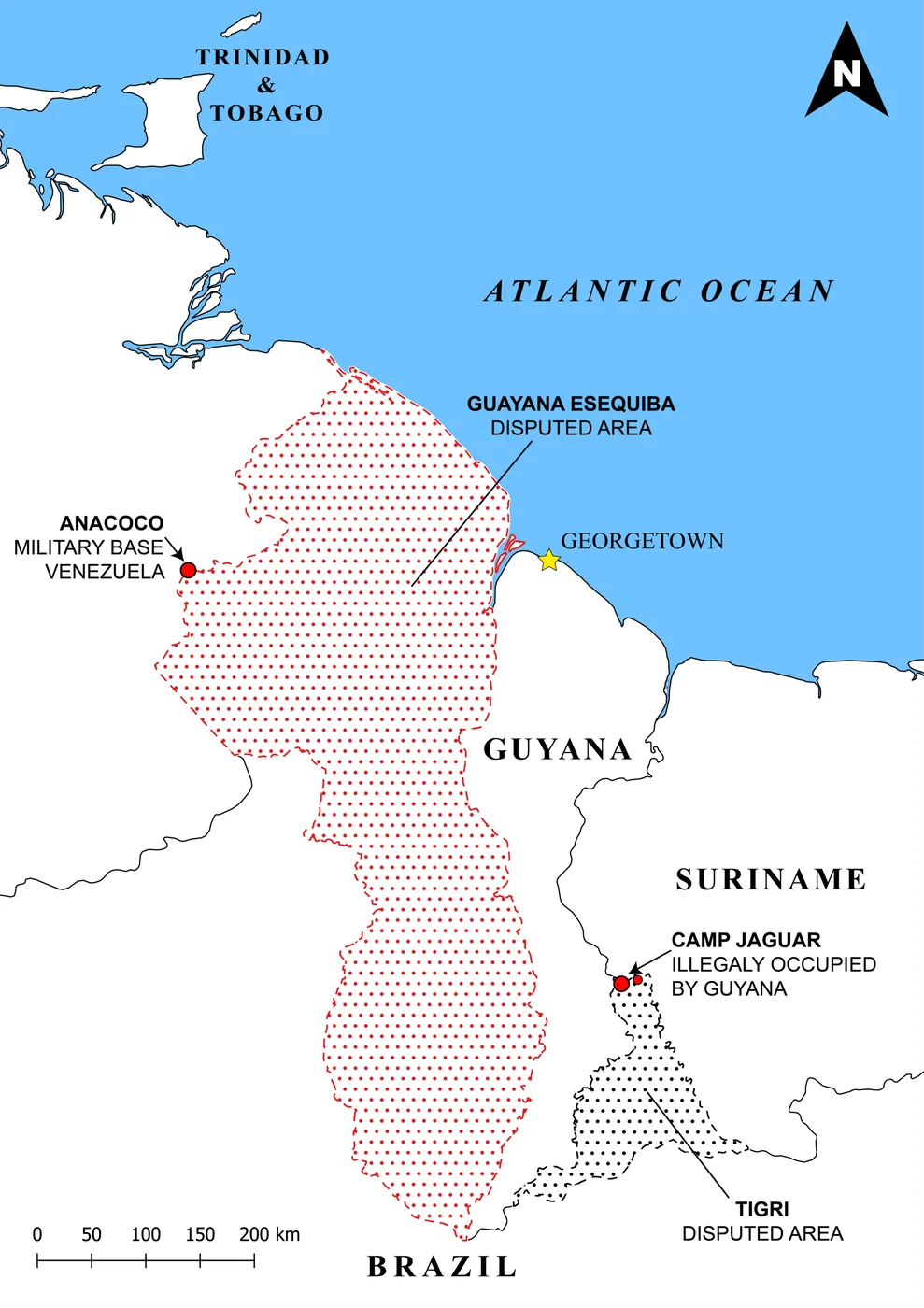 Map of the Guayana Esequiba area and Guyana’s regions; it visualizes competing territorial descriptions without resolving them.