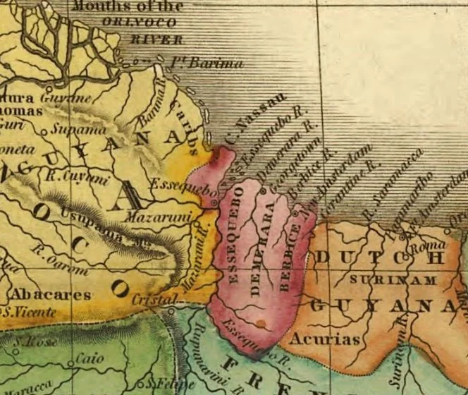1826 map showing the Essequibo, Mazaruni and Cuyuni rivers between Gran Colombia and British Guiana; spelling and borders are historical.