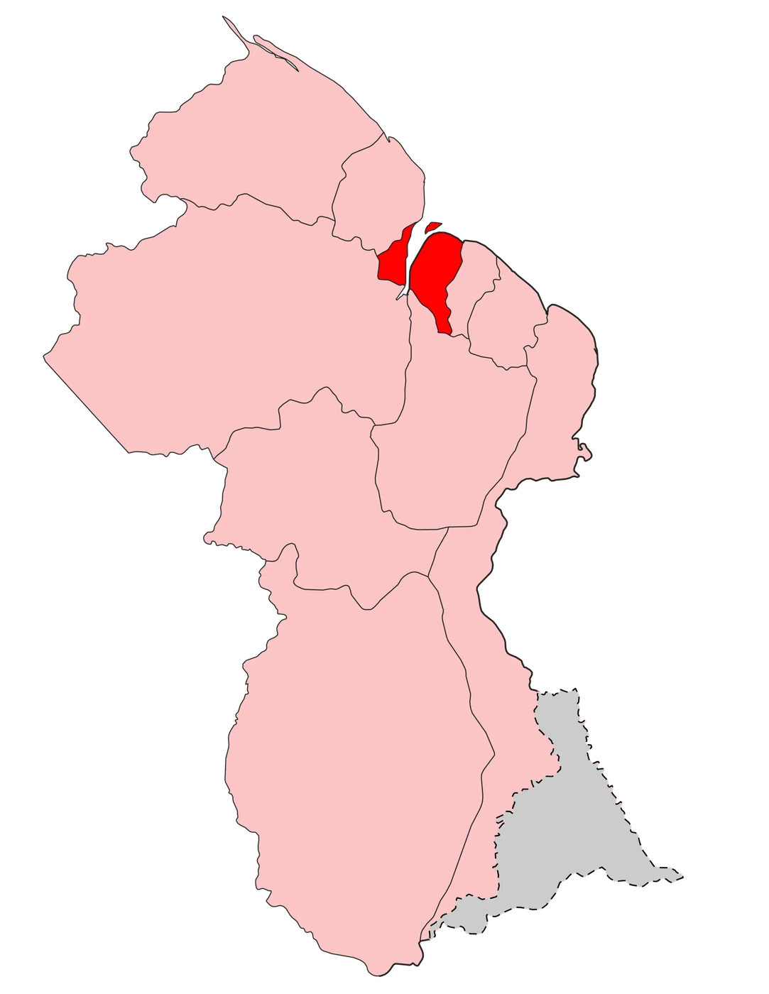 Detailed map of Guyana with region borders, roads and place names, including the areas discussed in the dispute.