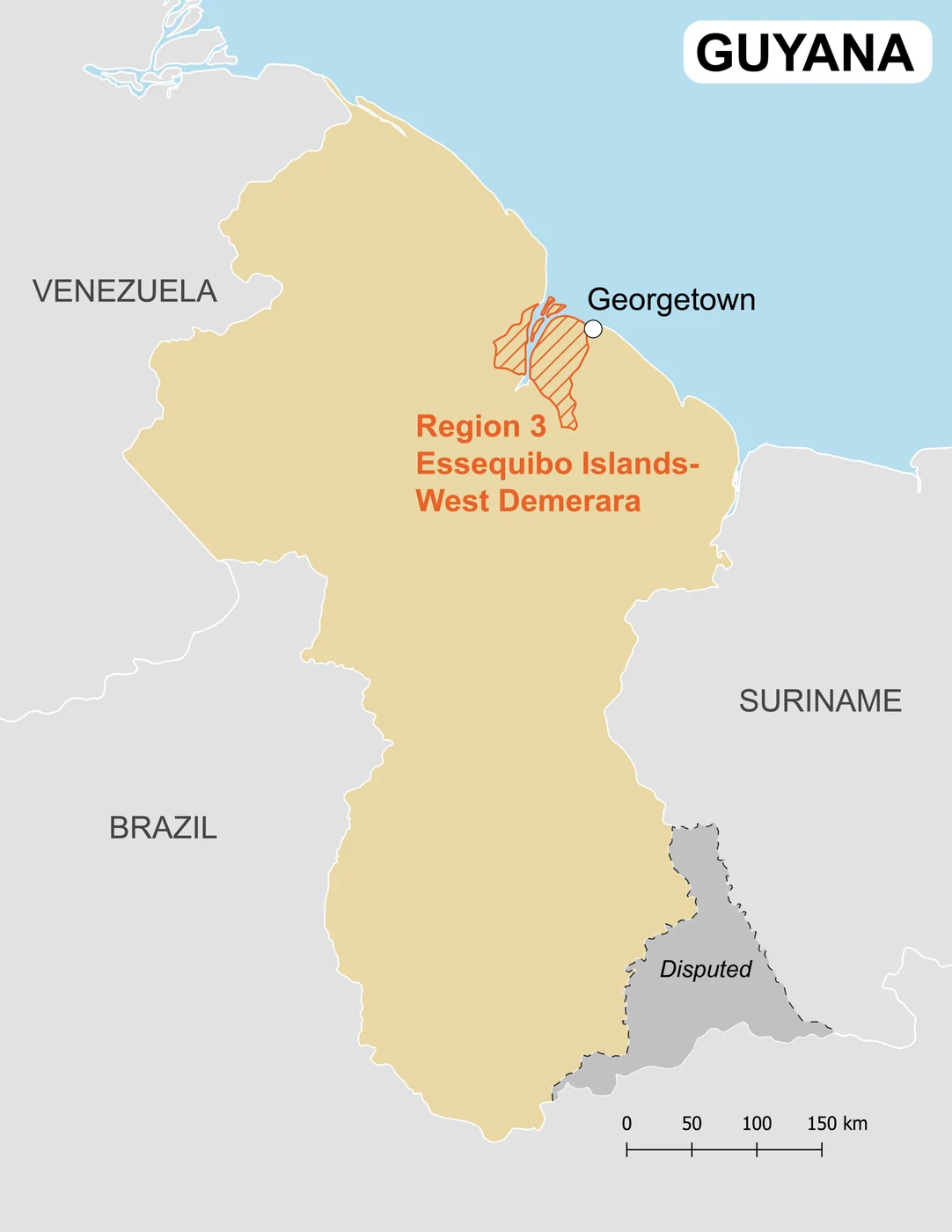 Alternative map of Guyana Region 3 and its administrative context; disputed areas are shown neutrally as noted by the mapmaker.