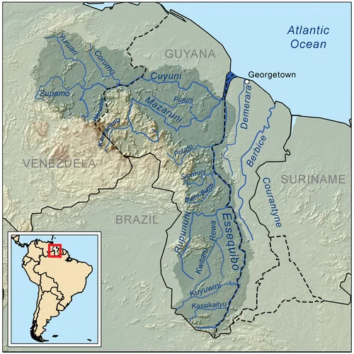 A map of the Essequibo River and the disputed boundary area; boundary depiction is mapmaker context, not a judicial ruling.