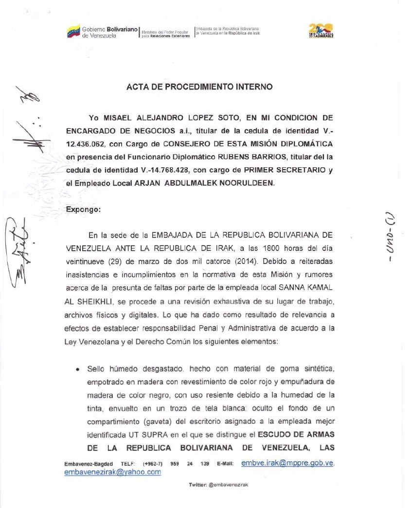 Venezuelan embassy administrative document