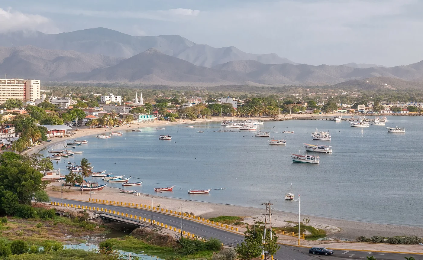 Panoramic view of Juan Griego bay from Fort La Galera. Juan Griego is a city on the northern side of Isla Margarita, and is the most northern port in Venezuela.
