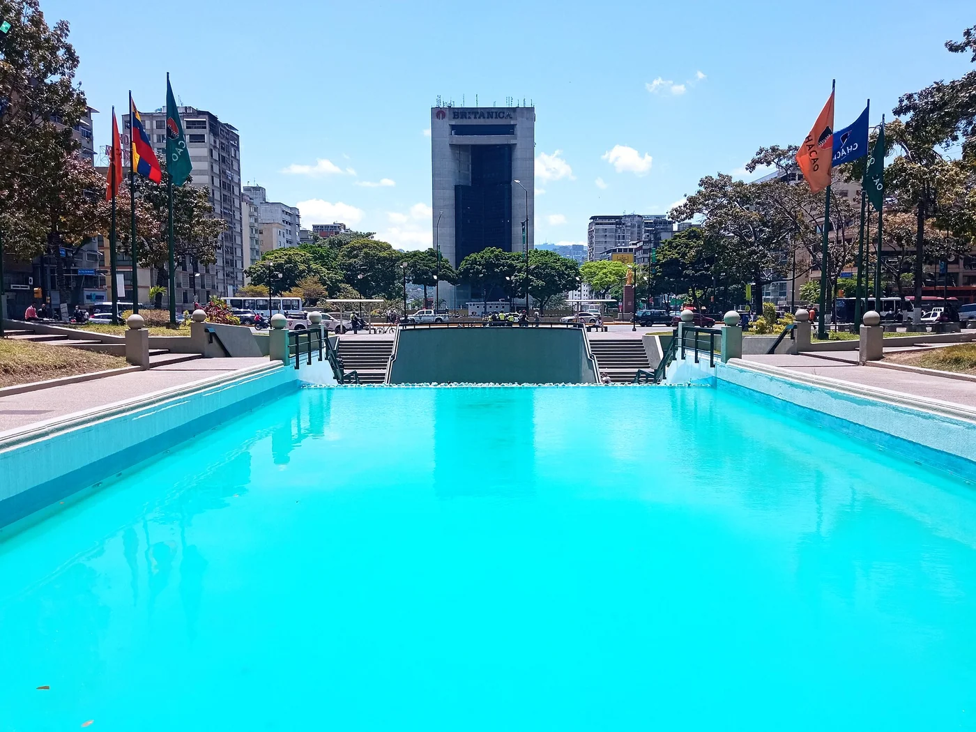 Plaza Francia in Altamira, Chacao, Caracas, viewed across its reflecting pool toward nearby buildings.