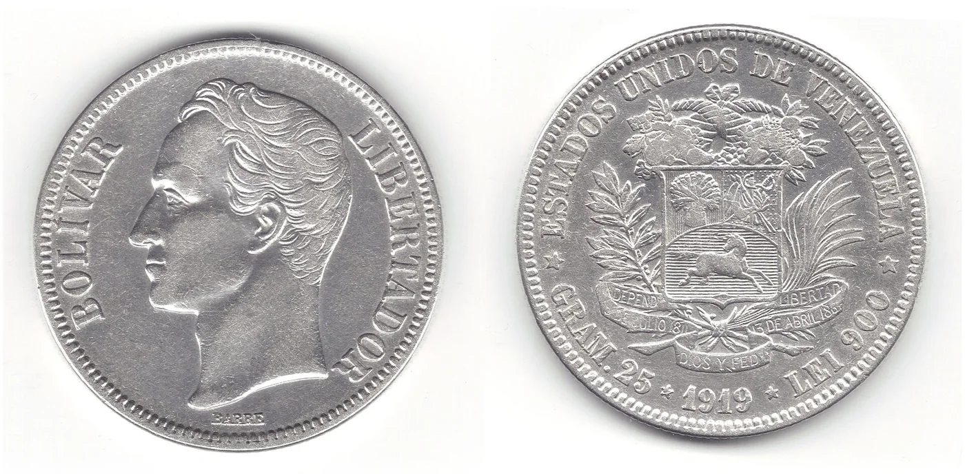 Front and reverse of a 1919 Venezuelan five-bolívar coin.