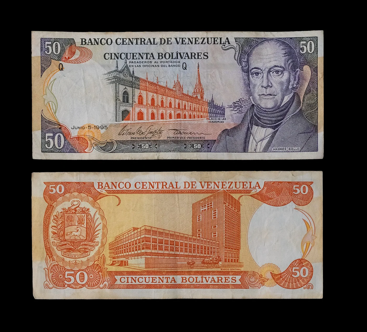 Front and back of a Venezuelan 50-bolívar banknote.