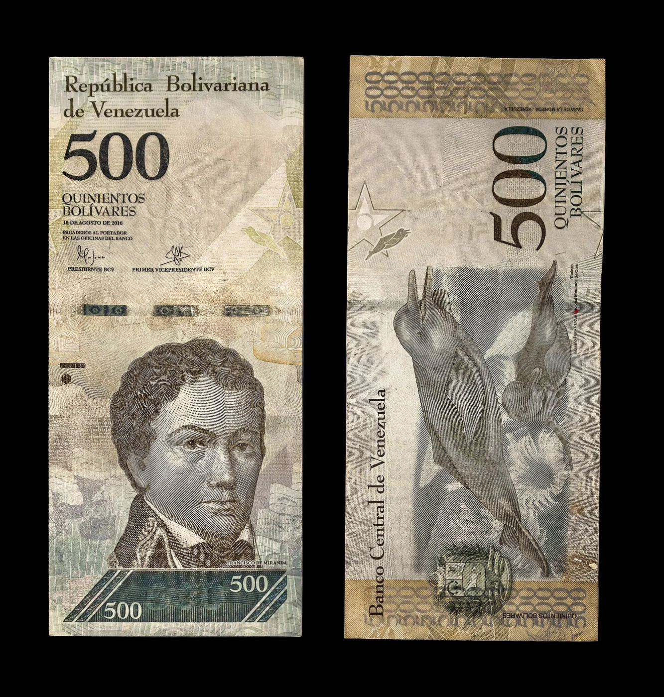 Front and back of a Venezuelan 500-bolívar banknote.