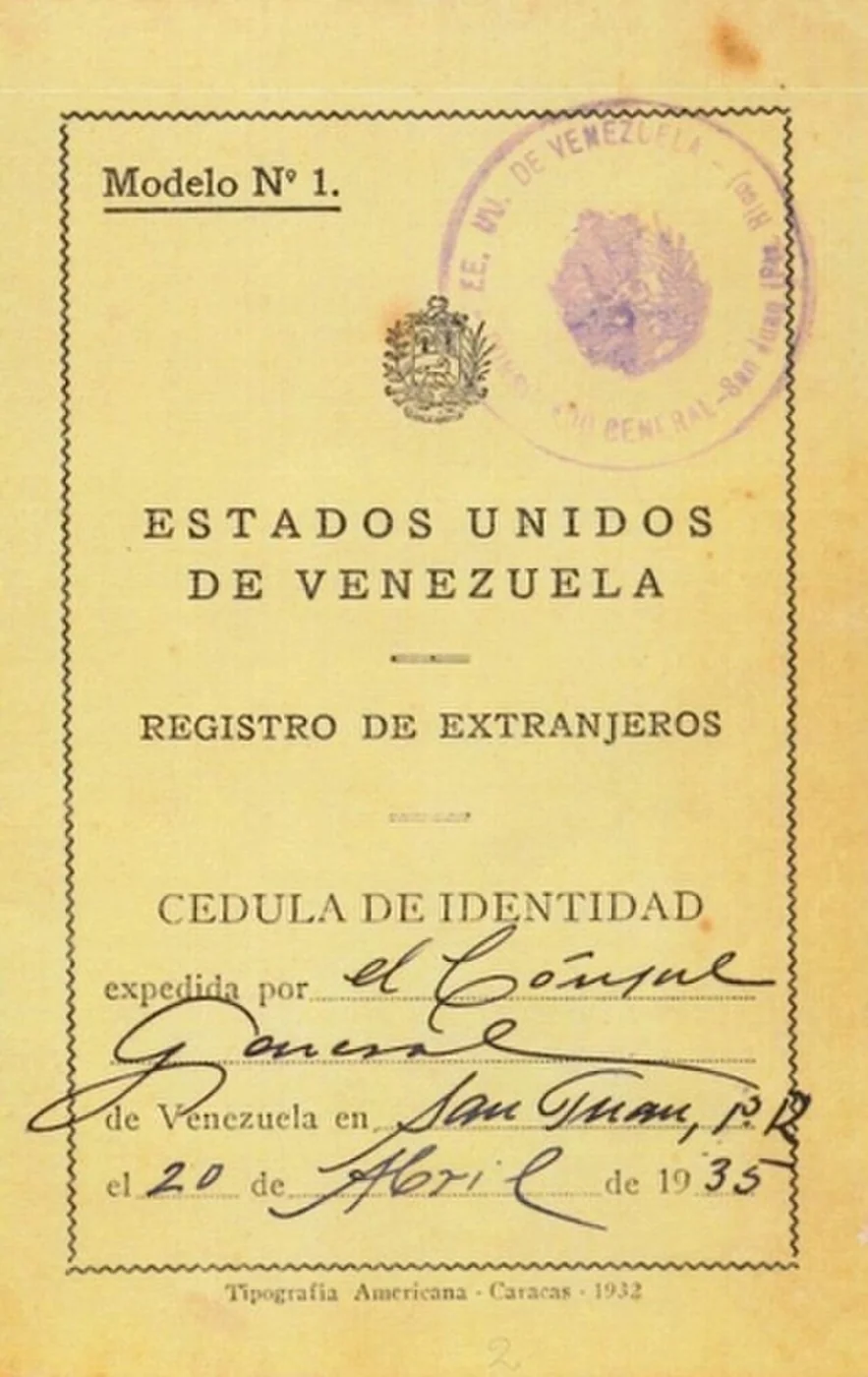 Cedula de Identidad otorgada por la Republica de Venezuela