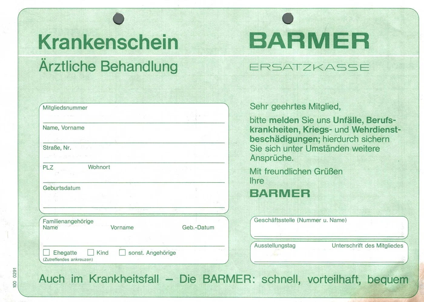 Front of a German Barmer sickness certificate for medical treatment