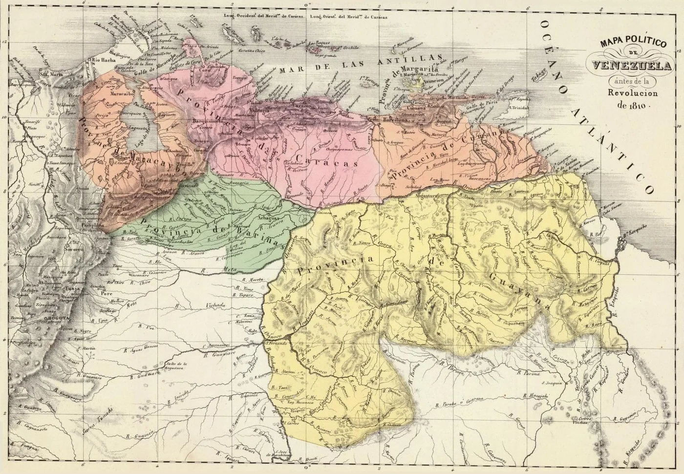 Political map of Venezuela in 1810. Taken from the "Physical and Political Atlas of the Republic of Venezuela", by Agustín Codazzi, 1840.