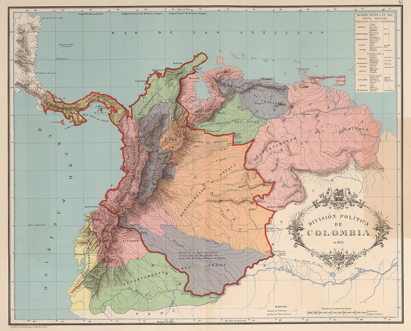 Political division of (Greater) Colombia in 1824. Map XI of the Geographic and Historic Atlas of the Republic of Colombia, 1890.