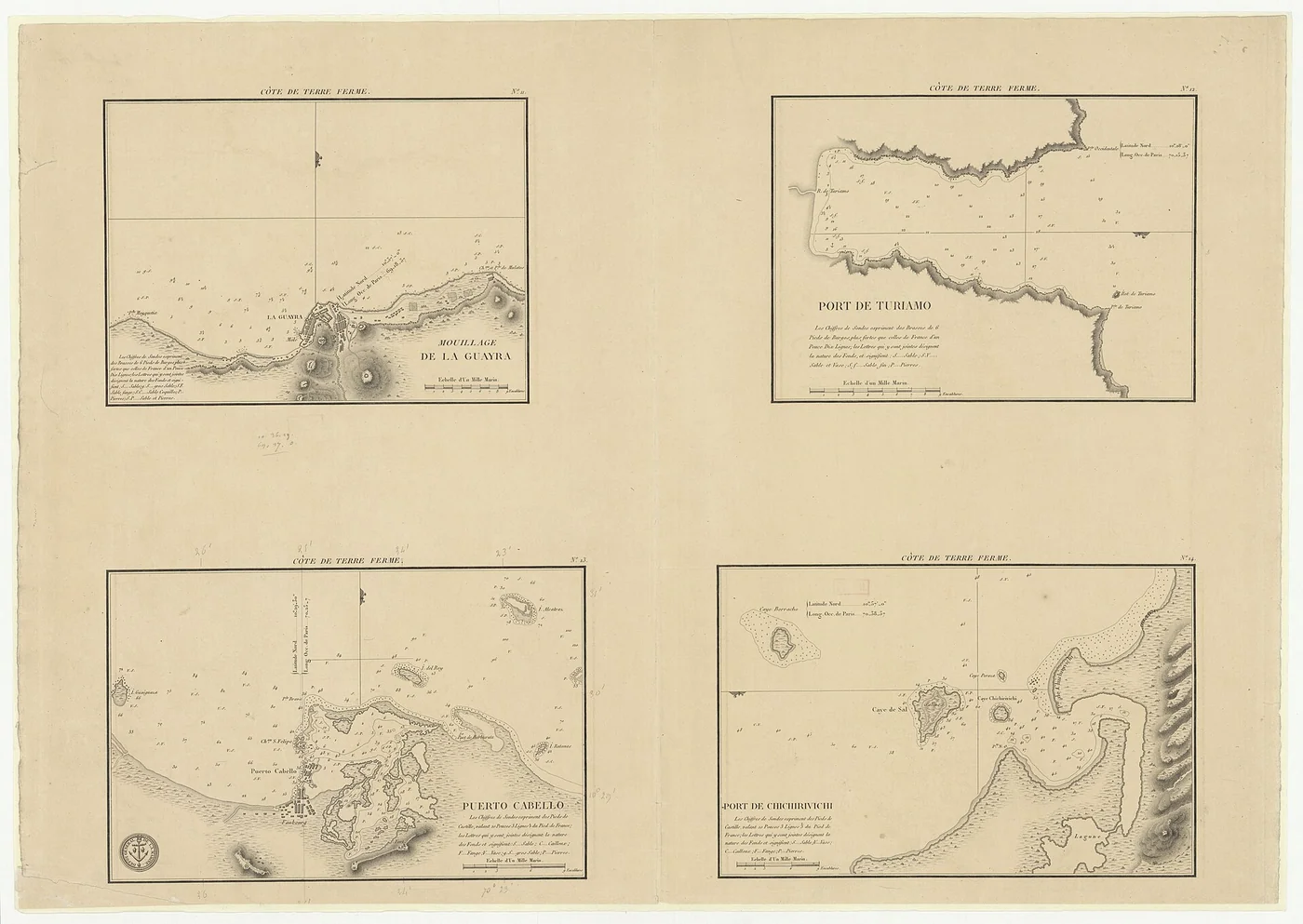 Sujet : La Guaira -- Environs -- Côtes Turiamo -- Environs -- Côtes Puerto Cabello -- Environs -- Côtes Chichiriviche -- Environs -- Côtes Échelle(s) : [Échelles diverses] Couverture : Venezuela Langue : français Éditeur : [s.n.]