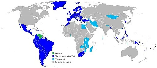 Historical Wikimedia Commons map of visa-free countries associated with Venezuela. Because the map dates from 2008, it is illustrative only and not current government eligibility guidance.