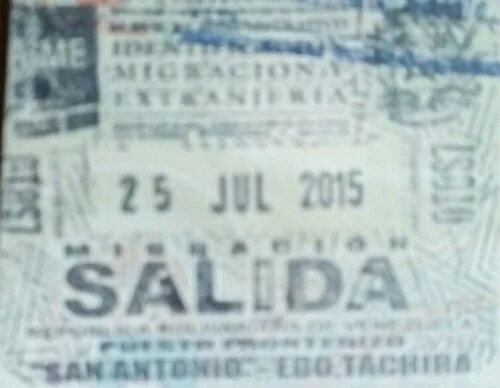 Venezuelan passport page showing an exit stamp; travel records can be part of a mission-specific file, but requirements vary.