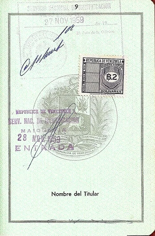 Venezuelan passport page with official stamps; these are travel records and should not be confused with an apostille certificate.