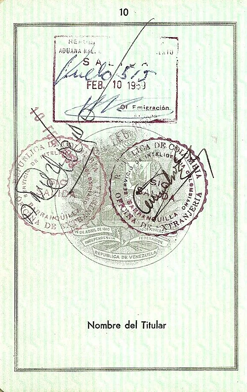 A second Venezuelan passport-stamp page from the same documented passport series, illustrating why stamped pages may be requested in a file.