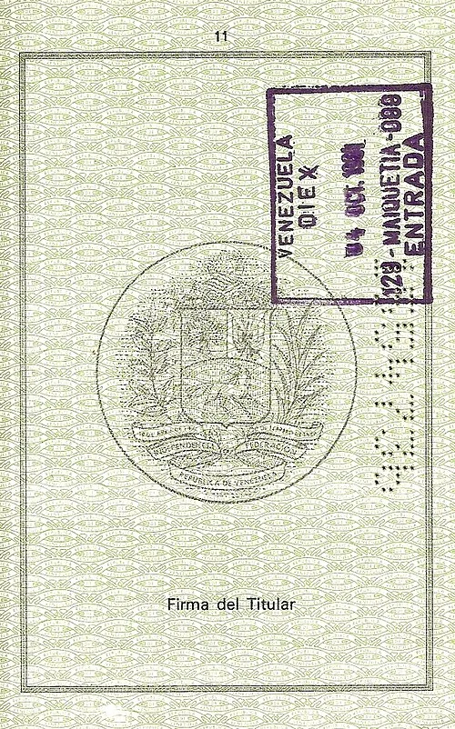 Distinct Venezuelan passport-stamp page; an example of a paper record that may need careful preservation and translation context.