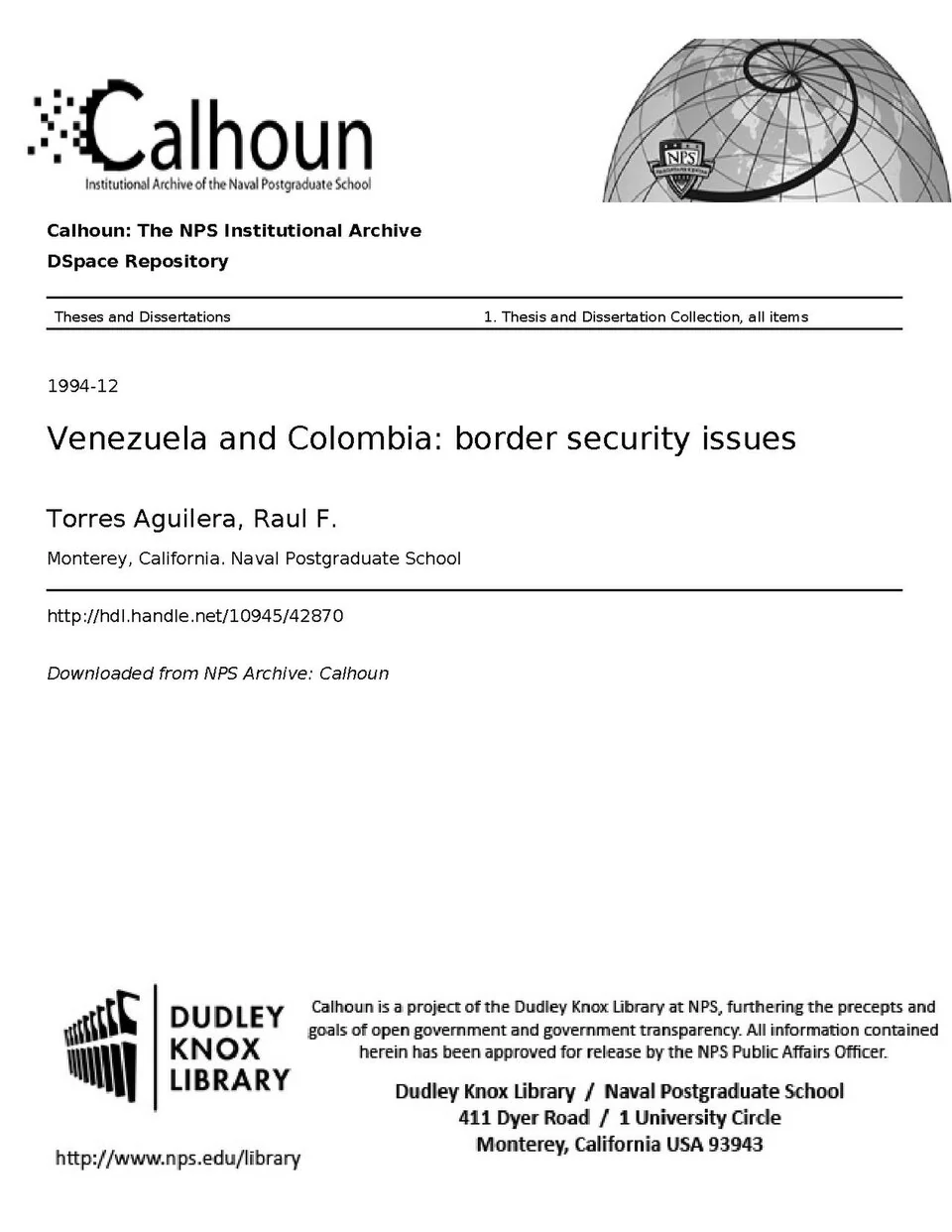 Public-domain title page of a study on Venezuela–Colombia border security and integration.