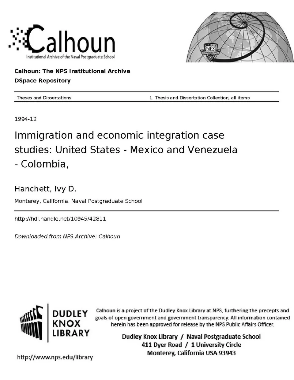 Public-domain title page of an academic study examining Venezuela–Colombia immigration and economic integration.