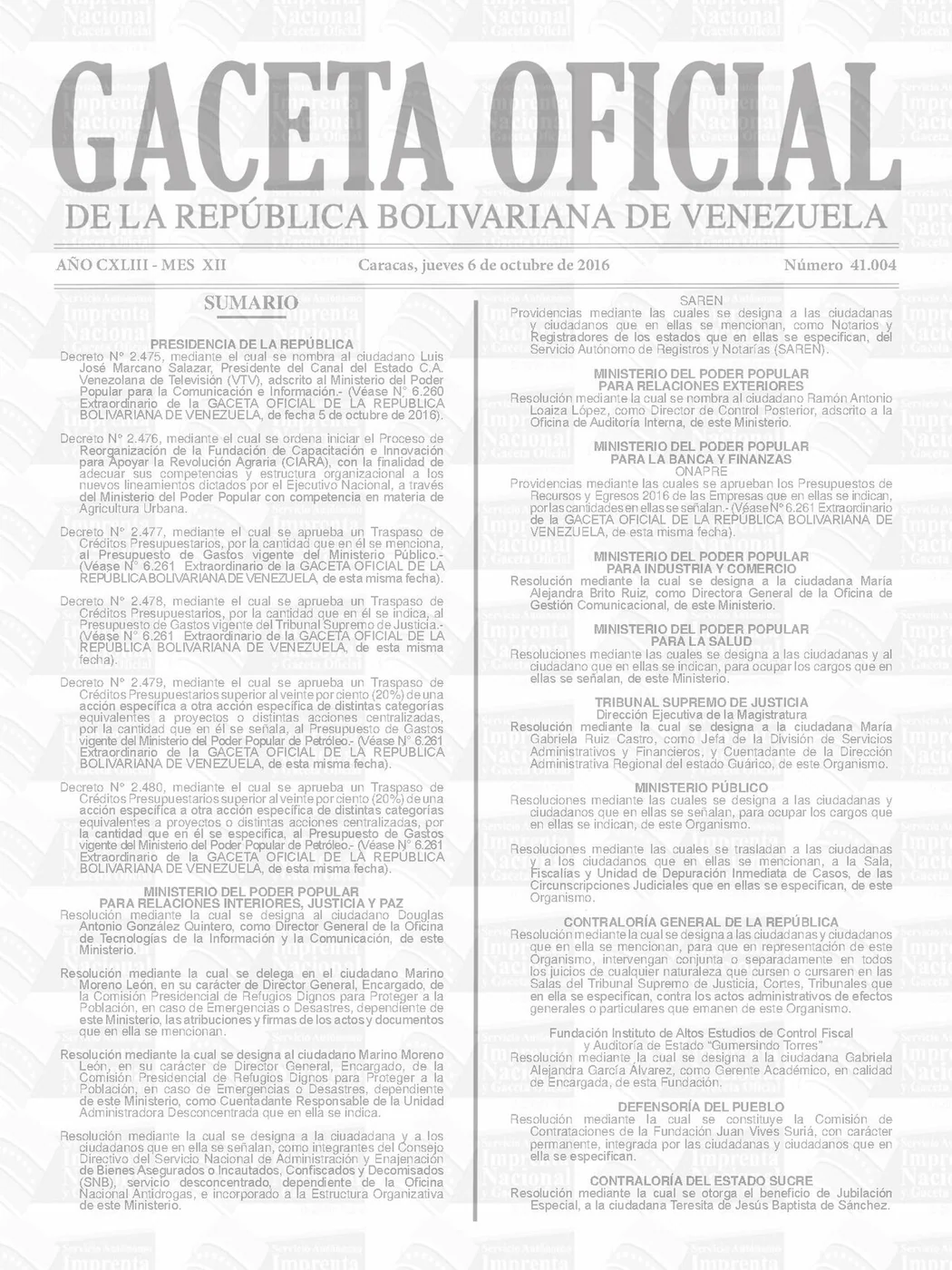 Official Venezuelan gazette page shown as documentary context; it is not the 2000 Resolution 364 itself.
