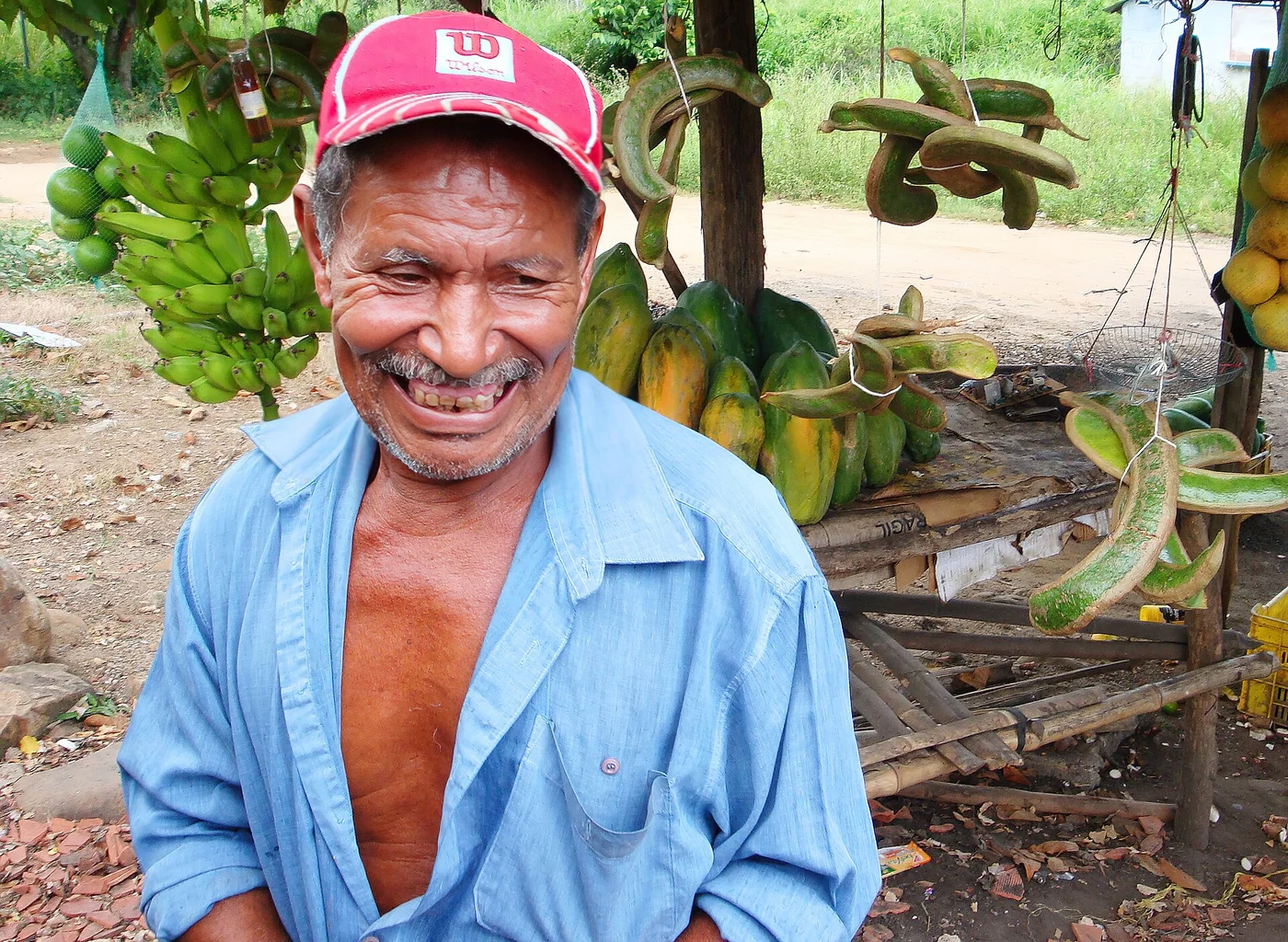 Farmer selling fruit and vegetables on a road in Yaracuy, Venezuela.