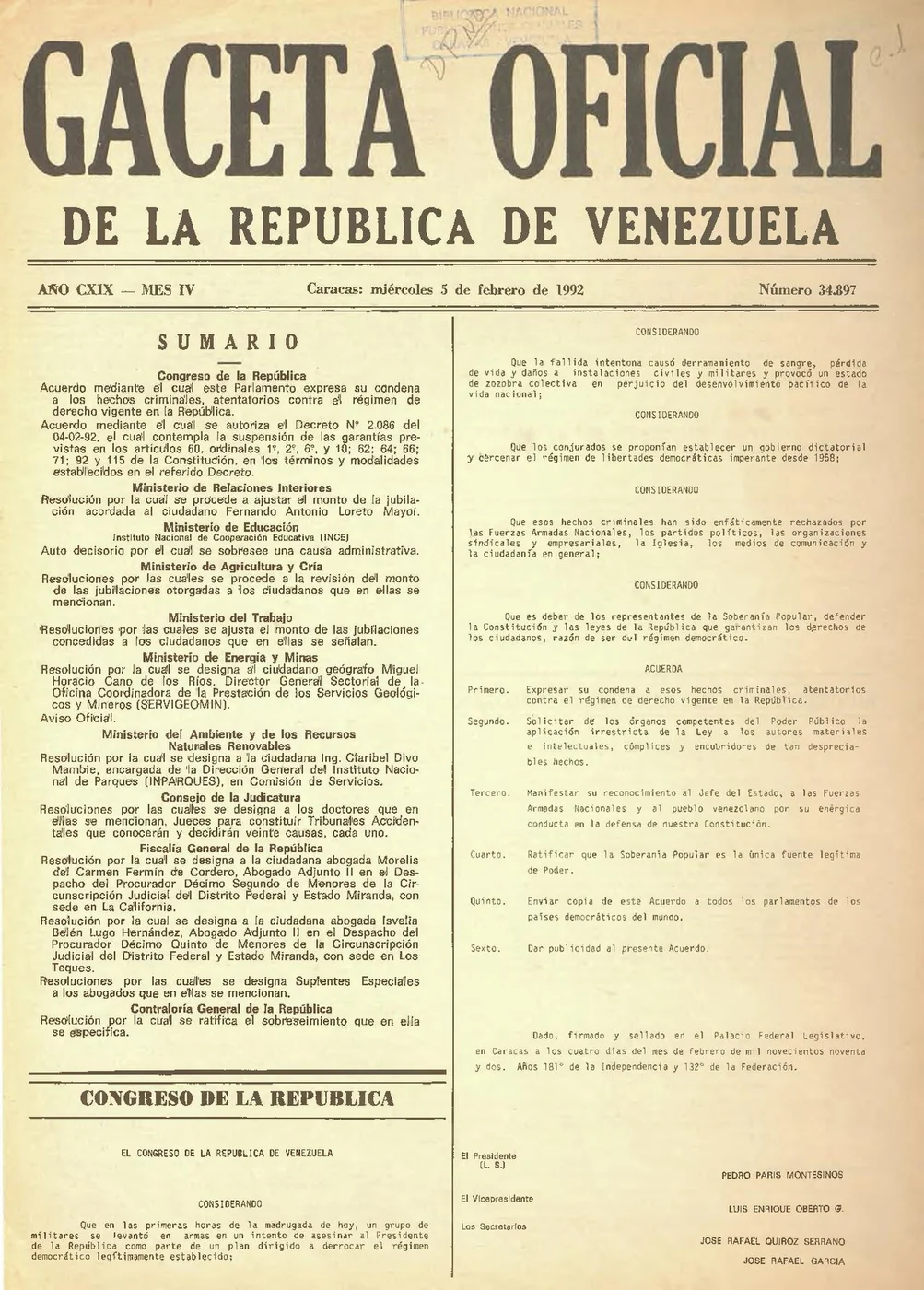 Cover of Gaceta Oficial de Venezuela No. 34.897