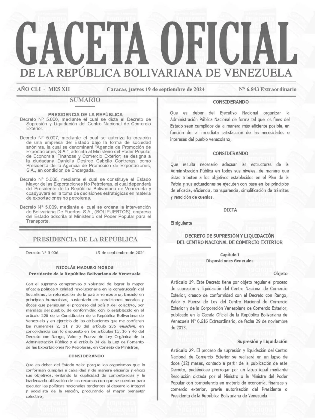 A Venezuelan Extraordinary Official Gazette dated 19 September 2024, illustrating formal legal publications.