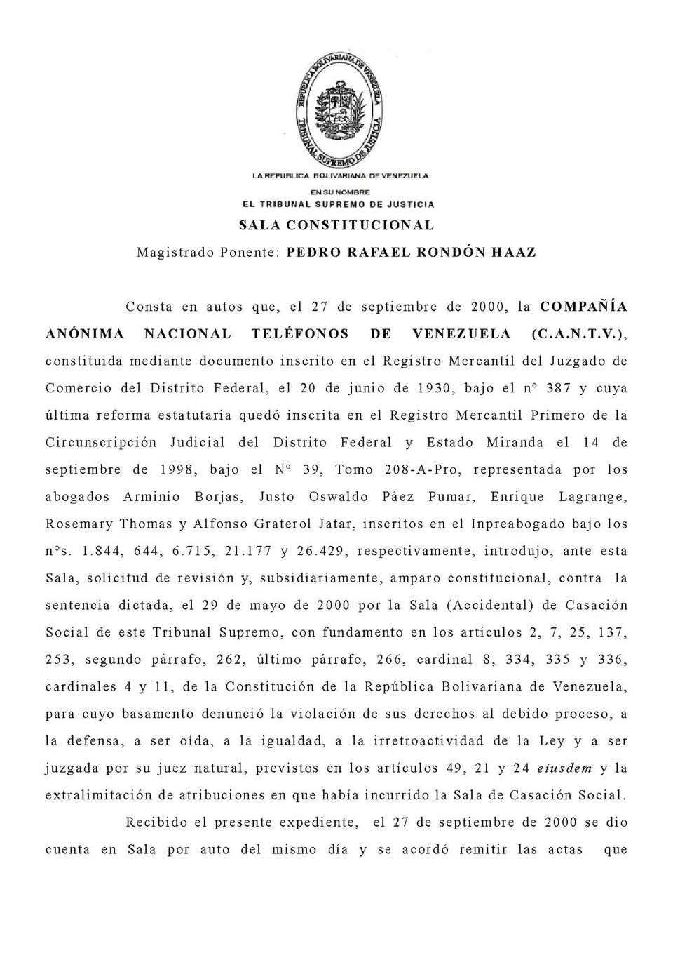 Another Venezuelan Supreme Tribunal Constitutional Chamber decision, shown as a formal record for document-keeping context.