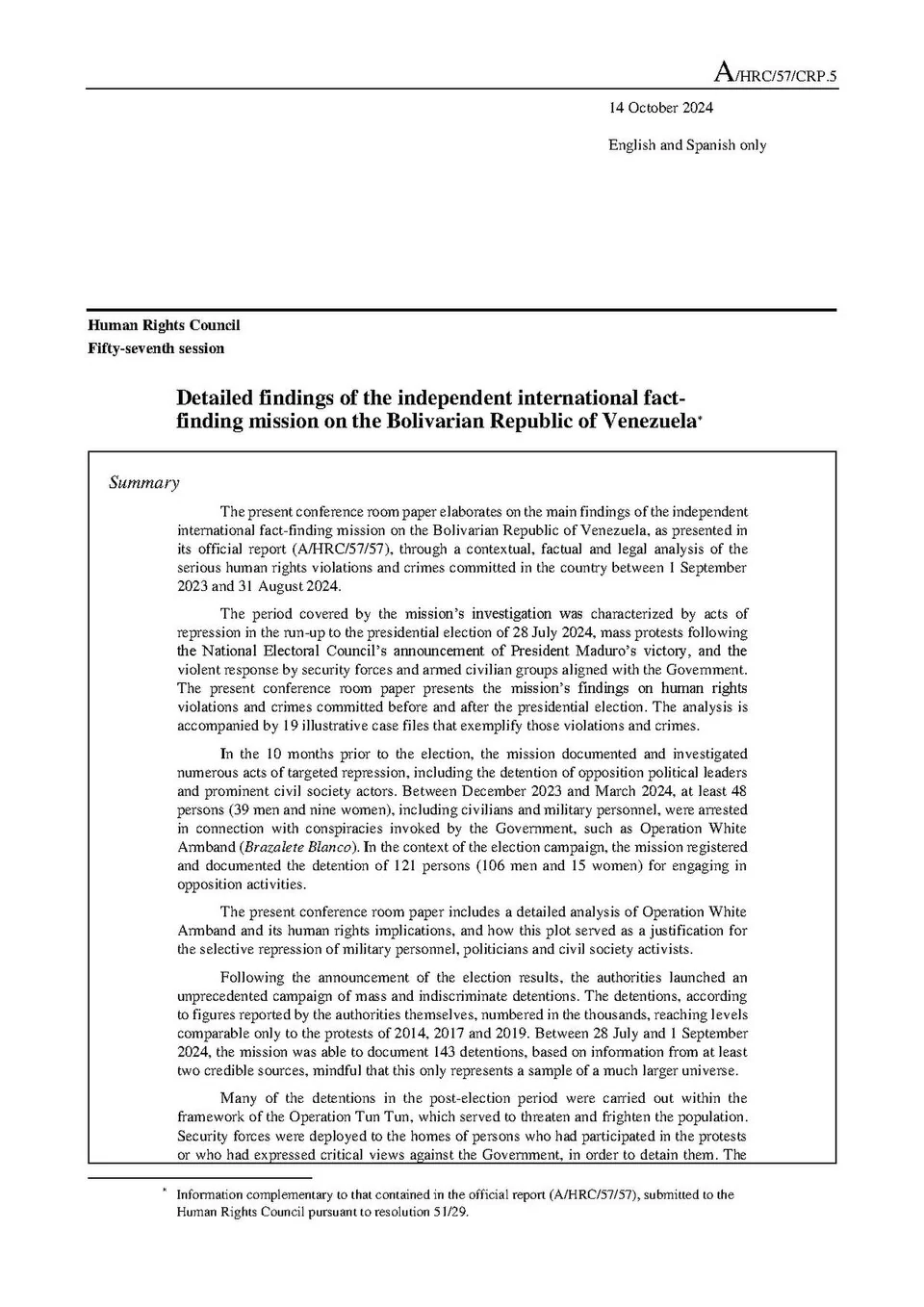 (2024) Detailed findings of the independent international fact- finding mission on the Bolivarian Republic of Venezuela