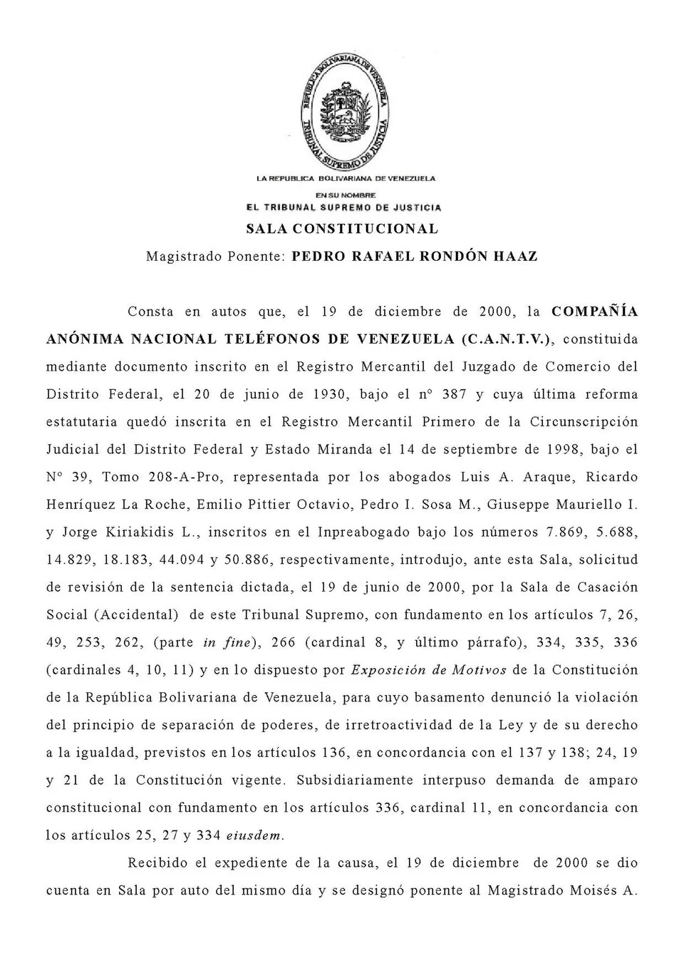 A Venezuelan Supreme Tribunal Constitutional Chamber decision, reproduced from a formal case file.
