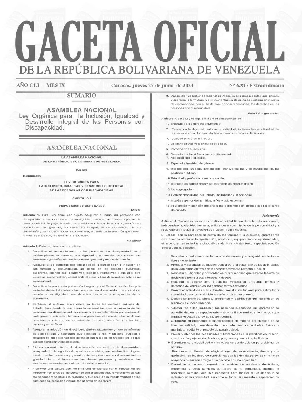 A Venezuelan Extraordinary Official Gazette dated 27 June 2024, shown as legal-paperwork context—not an apostille.