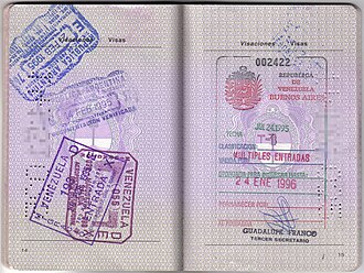 Example pages showing Venezuelan visa stamps